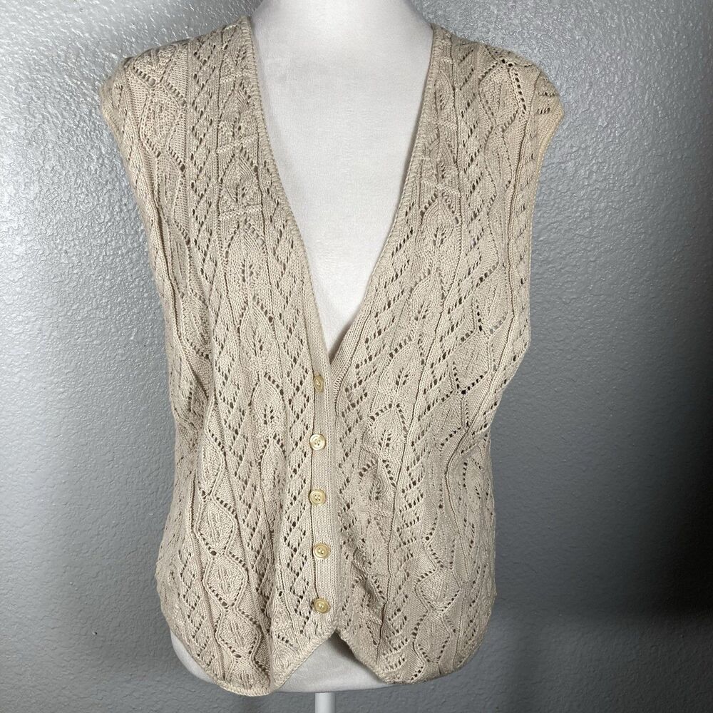VTG Pierre Cardin Crochet Sweater Vest L Cream Beige Boho Cottagecore Neutral US